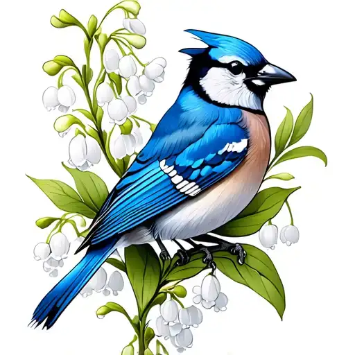 Line Work Lily Of The Valley With May Flower And Blue Jay Bird Rib