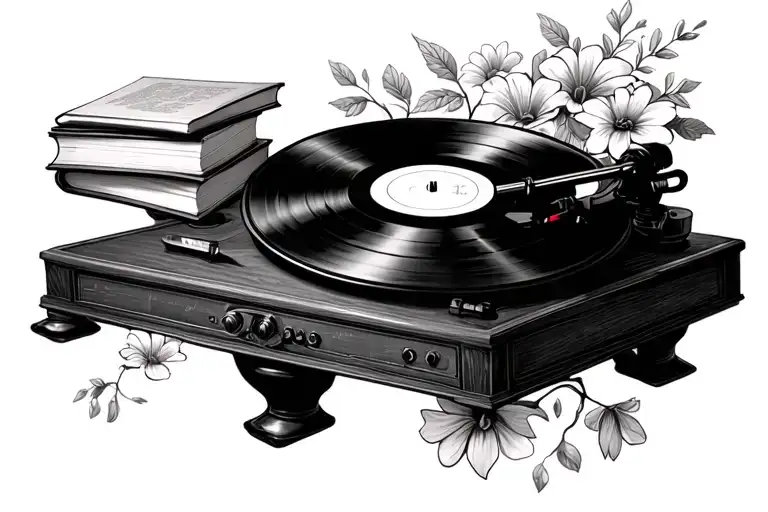 Record Player With Books Floating And Flowers