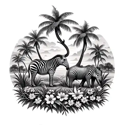 African Safari Scene With Elephants Zebras Flowers And Bonzi Trees