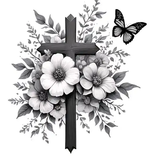 Cross With Flowers And Butterflies