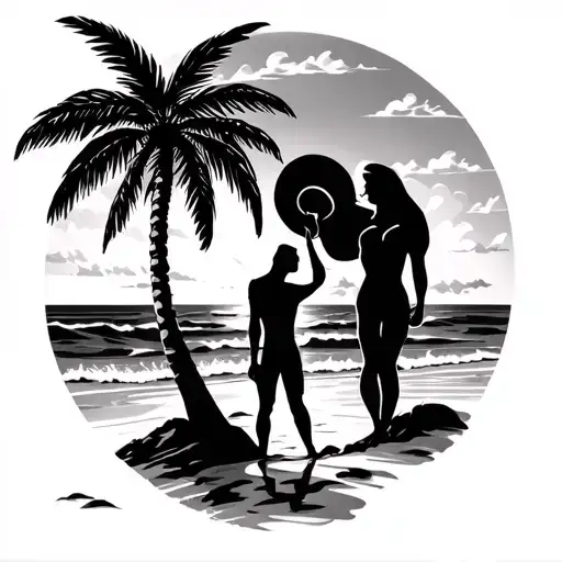 Palm Tree At The Beach With A Two Lovers Male And Female