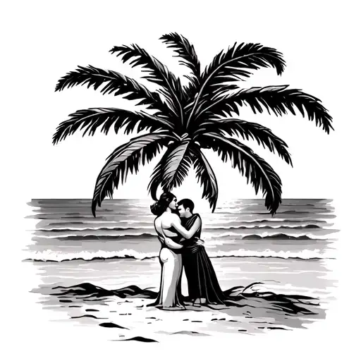 Palm Tree At The Beach With A Two Lovers Male Hugging The Female From Behind