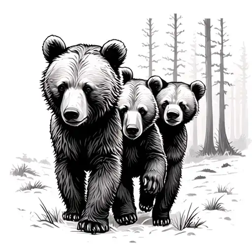 Three Bear Cubs Walking In The Forest