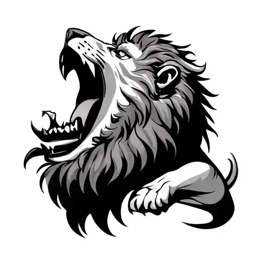 Lion Roaring With A Man's Head In The Mouth