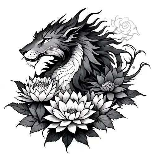 Dragon And Lioness With Dahlias And Lotuses With The Depression Symbol
