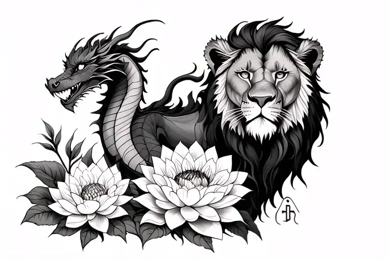 Dragon Next To A Lioness With Dahlias And Lotuses With The Depression Symbol