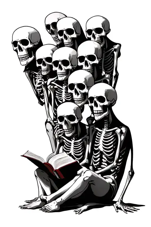 Six Skeletons Standing Behind One Person Reading