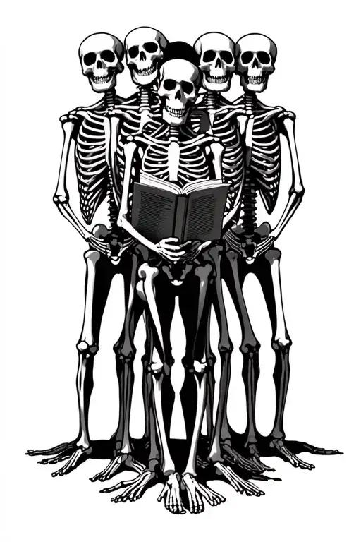 Six Skeletons Standing Behind One Alive Person Reading
