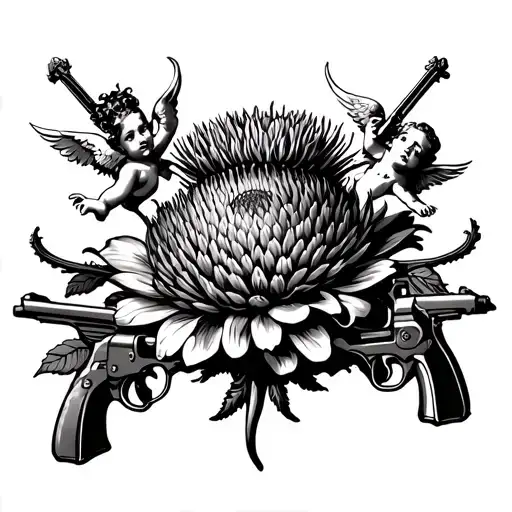 Thistle Flower With Cherubs And Guns