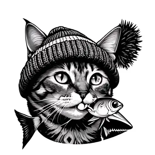 Cat Wearing Beanie With Fish In Mouth Surrounded