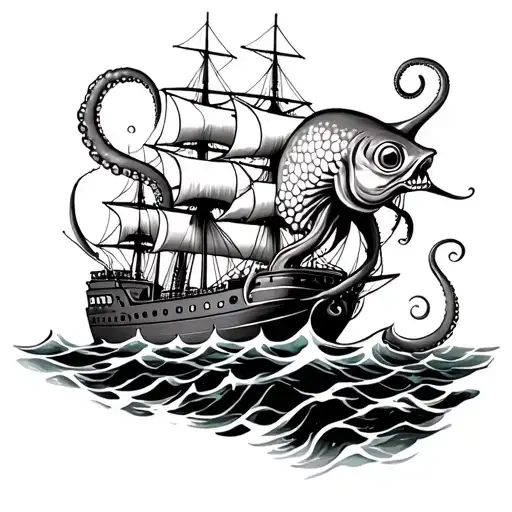 Octopus Attacking A Ship Squeezing A Blow Fish Water And Above View