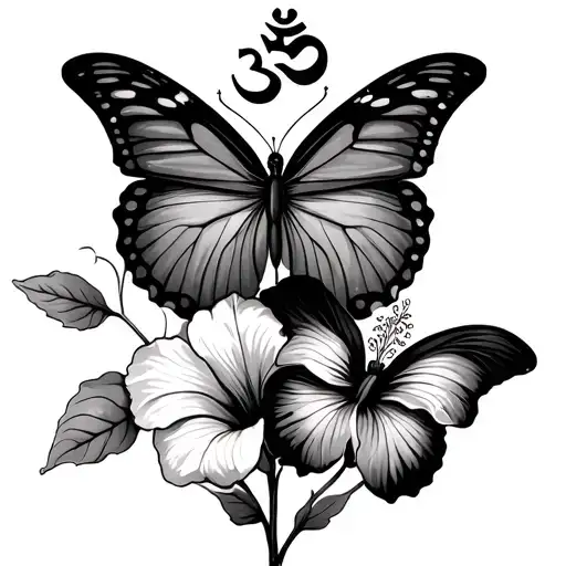 Small Hibiscus Flower And Snall Butterfly And Om Symbol