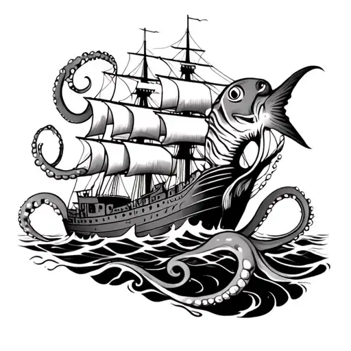 Octopus Attacking A Ship Squeezing A Blow Fish Water And Above View