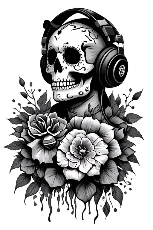 Sugar Skull Wearing Headphones