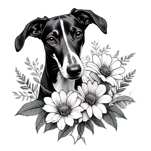 Whippet Dog Smelling Flowers