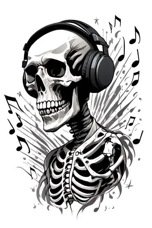 Skeleton Wearing Headphones Surrounded By Musical
