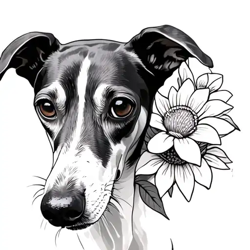 Whippet Dog Smelling Flowers