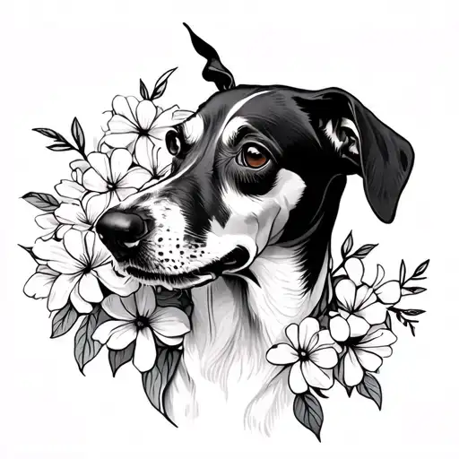 Whippet Dog Smelling Flowers
