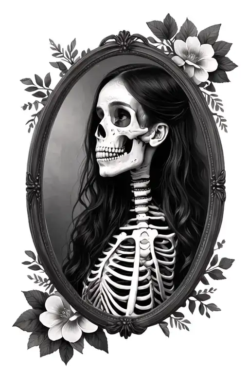 Girl Seeing Herself In The Mirror Reflection Is A Skeleton With Flowers Around The Frame