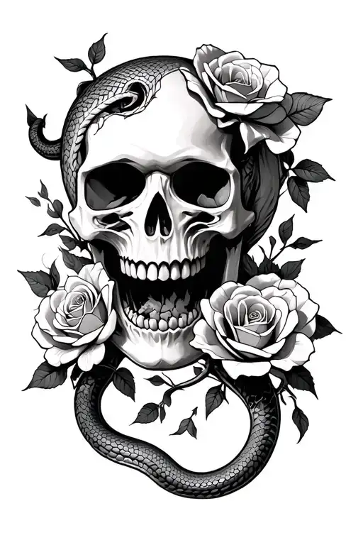 Big Skull With One Tooth Missing And With Snakes Slithering And Roses That Are Not Fully Bloomed