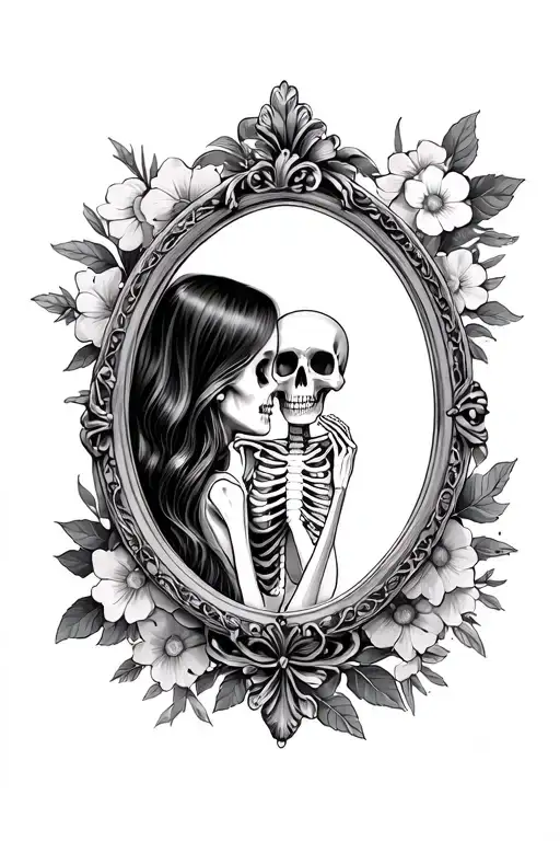 Girl Seeing Herself In The Mirror And The Reflection Is A Skeleton With Flowers Around The Frame