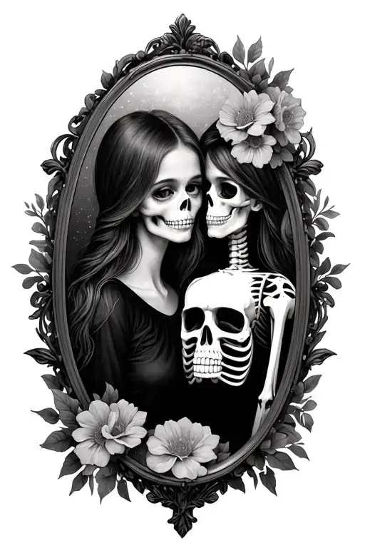 Girl Seeing Herself In The Mirror And The Reflection Is A Skeleton With Flowers Around The Frame