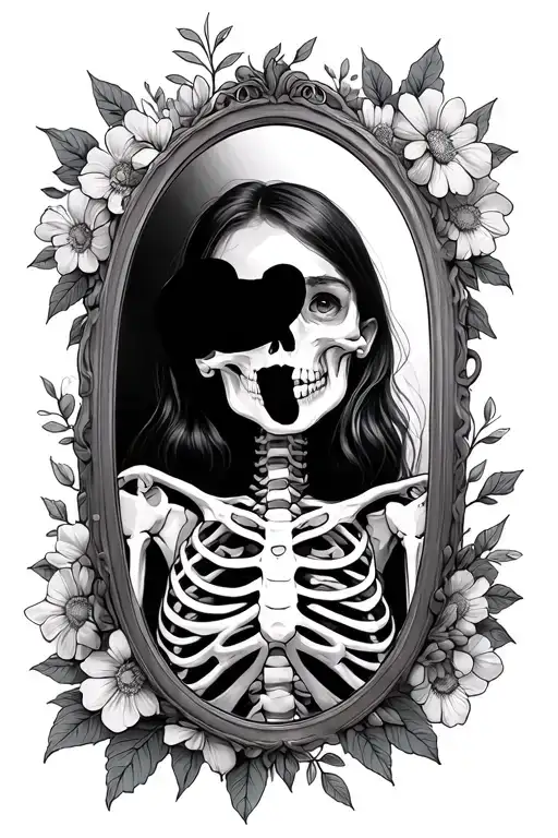 Girl Seeing Herself In The Mirror And The Reflection Is A Skeleton With Flowers Around The Frame