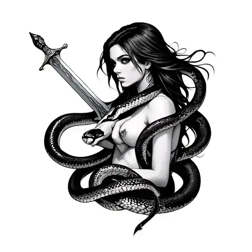 A Woman With A Snake Wrapped Around Her Neck Holding A Sword
