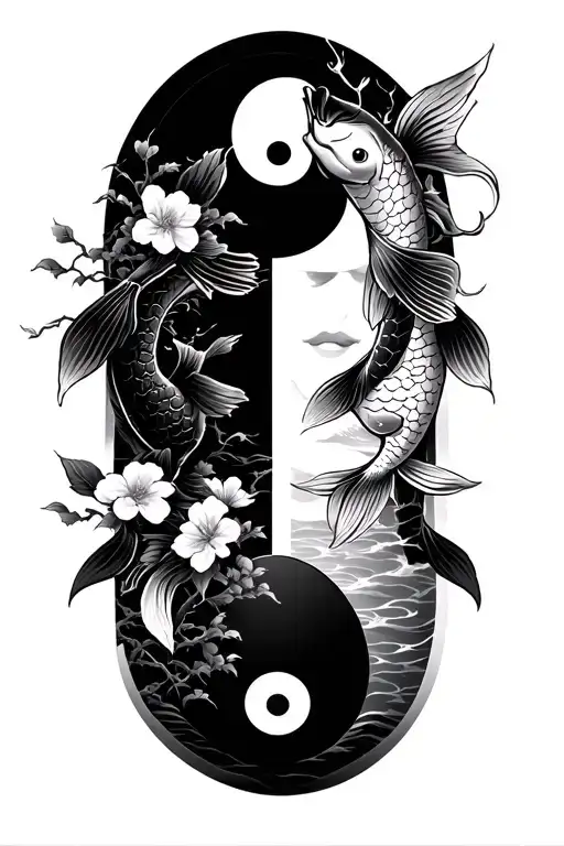 Katana With Koi Fish Yin Yang With Sakura Tree And Samurai Face In The Background