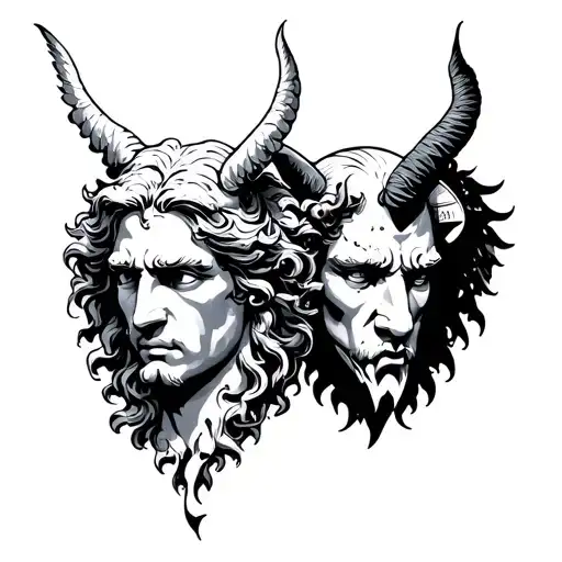 Greek Style Angel Head And Greek Style Devil Had Decomposing