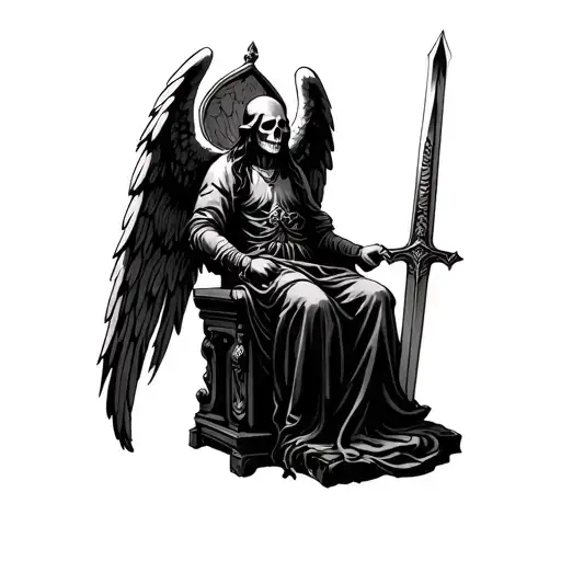 Realistic Angel Of Death Sitting On A Throne Holding A Sword