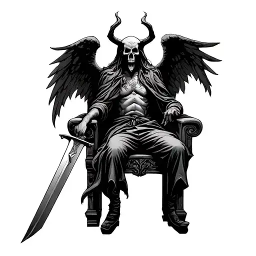 Demonic Angel Of Death Sitting On A Throne Holding A Sword