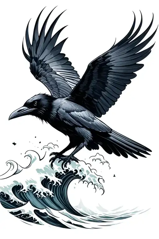 Raven Flying Away From Ocean Wave Crashing