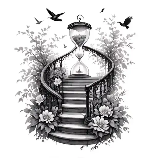 Staircase With Flowers At The Base Leading Up To An Hour Glass Covered In Vines Birds In The Air