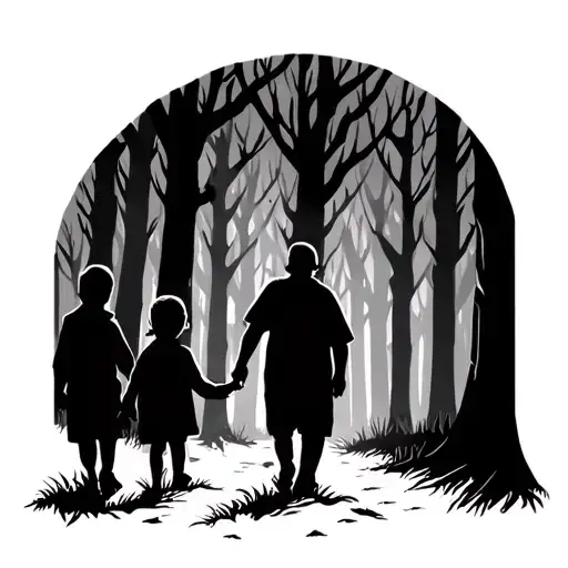 Black Silhouette Of Man Walking Two Children In Scary Woods