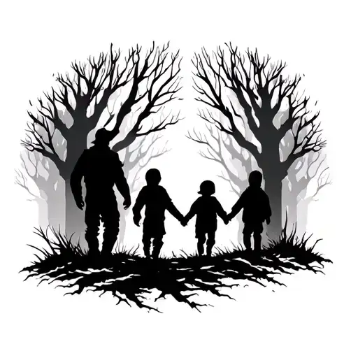 Black Silhouette Of Man Walking Two Children In Scary Woods