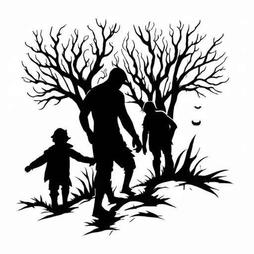 Black Silhouette Of Man Walking Two Children In Scary Wood's Realistic