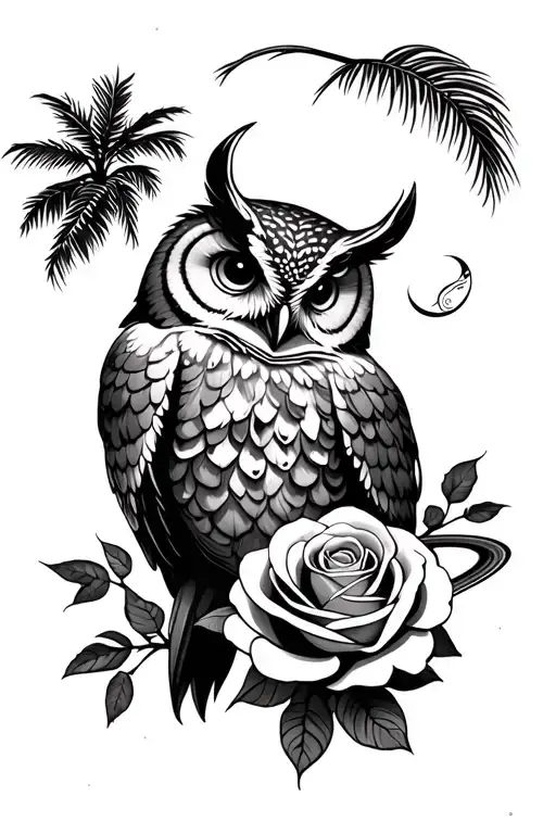 Ox And Owl And Palm Tree And Saturn And Rose