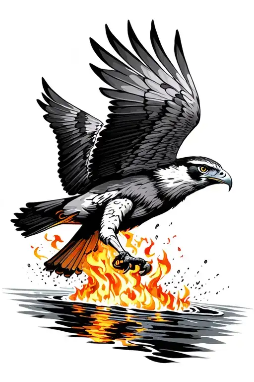 Falcon Flying Out Of Fire Into Water