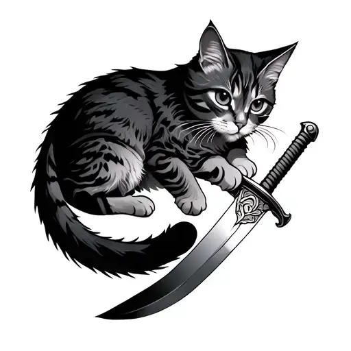 Cat With Tail Wrapped Around A Sword