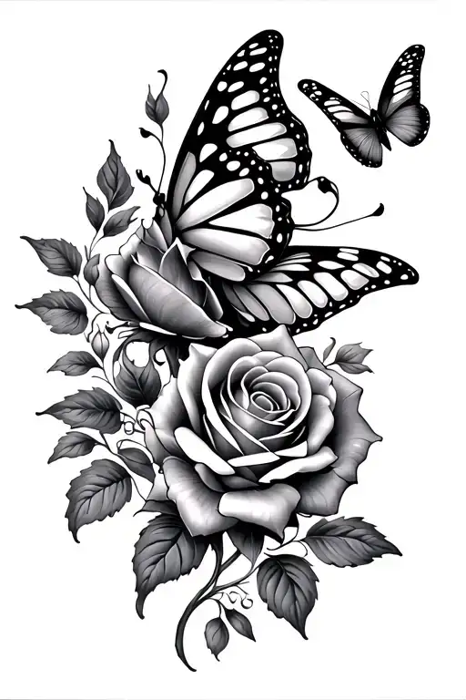 Butterfly And Roses Blooming