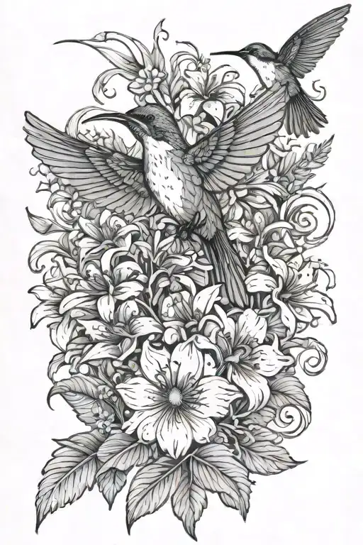 Cross Surrounded In A Bouquet Of Wild Flowers And A Humming Bird About To Drink From Fliwers