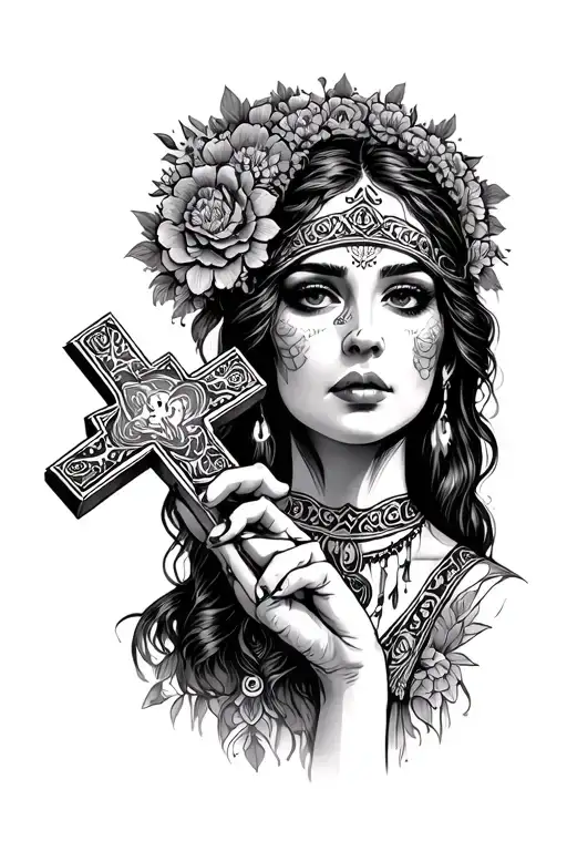 Gypsy Fortune Teller Women Holding Cross Before Face