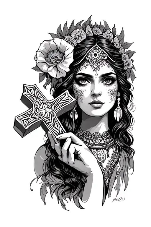 Gypsy Fortune Teller Women Holding Cross Before Face