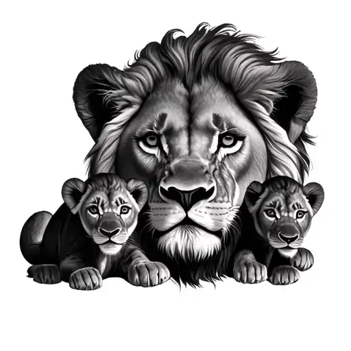 Lion With Three Cubs Face Only