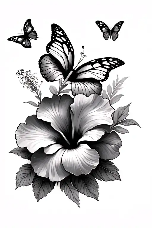 Hibiscus Flower And Butterflies