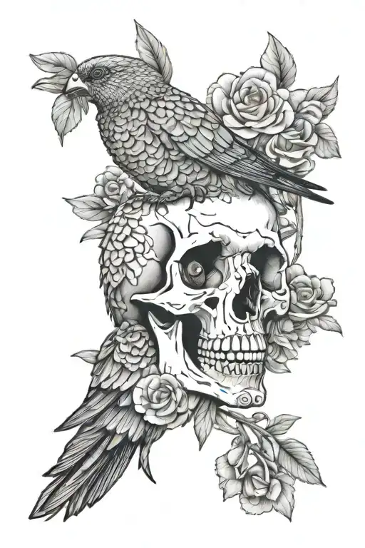 Rainbow Lorikeet Standing On Top Of Skull With Flowers