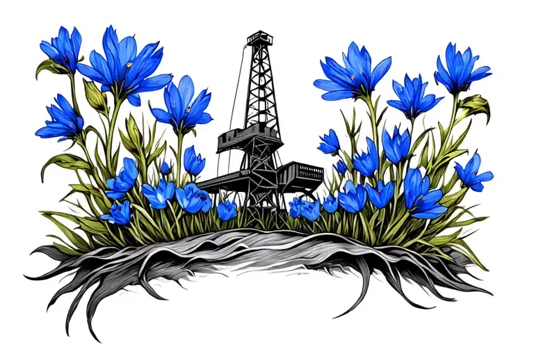 Oil Rig Tower Surrounded By Blue Bonnets Incorporated Into The Design