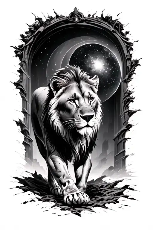 Regal Lioness Walking Towards And Emerging From A Nebula Portal