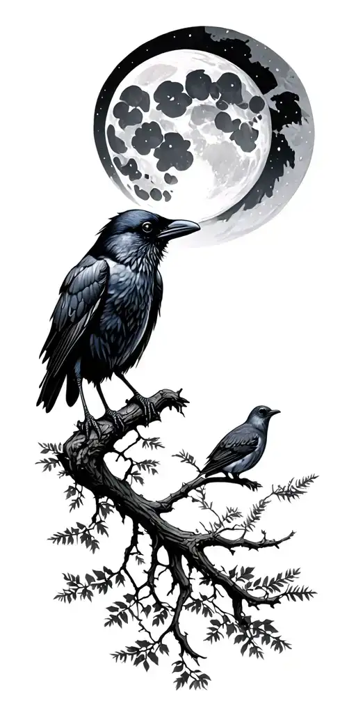 Crow Over The Moon In Forest With Owel In Backround